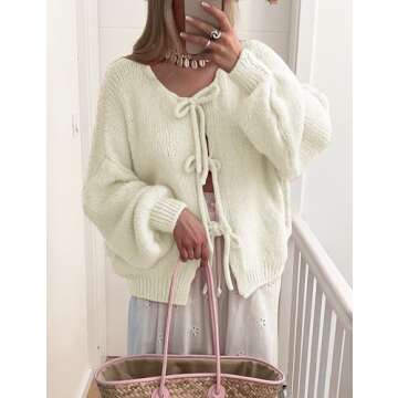 Lumister Cute Oversized Cardigan Sweaters for Women Y2K Long Sleeve V Neck Bow Tie Front Cadigan Knitwears Bow Tops (0737-Beige-S)