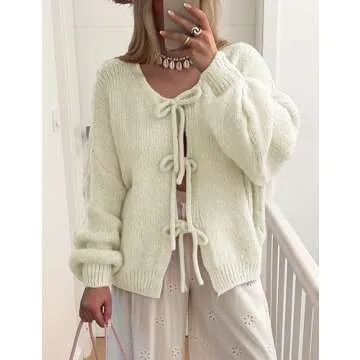 Lumister Cute Oversized Cardigan Sweaters for Women Y2K Long Sleeve V Neck Bow Tie Front Cadigan Knitwears Bow Tops (0737-Beige-S)