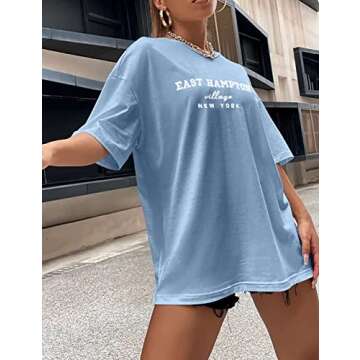Lauweion Women Drop Shoulder East Hampton Letter T-Shirt Oversized Graphic Baggy Trendy Tee Shirt To...