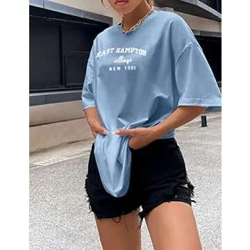 Lauweion Women Drop Shoulder East Hampton Letter T-Shirt Oversized Graphic Baggy Trendy Tee Shirt Top Blue