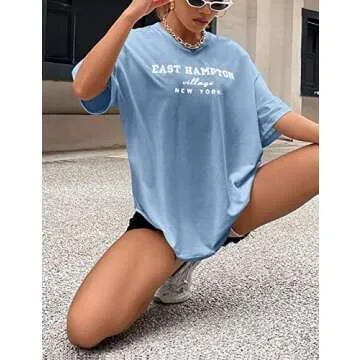 Lauweion Women Drop Shoulder East Hampton Letter T-Shirt Oversized Graphic Baggy Trendy Tee Shirt Top Blue