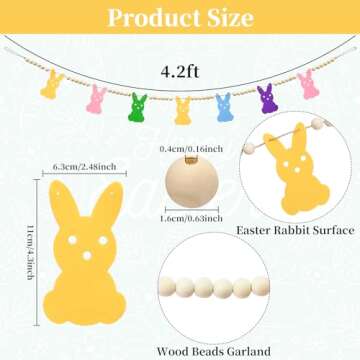 4.2 FT Easter Day Wooden Beads Garland with Colorful Bunny-Shaped Charms, Spring-Themed Rabbit Beade...