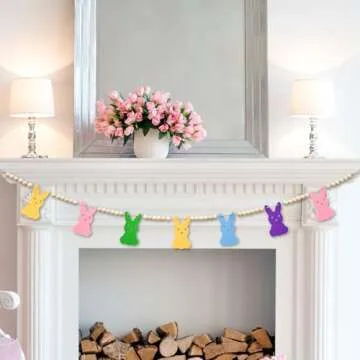 4.2 FT Easter Day Wooden Beads Garland with Colorful Bunny-Shaped Charms, Spring-Themed Rabbit Beaded Tiered Tray Decor, Rustic Farmhouse Banner for Easter Celebration, Shelf Display, Fireplace, Wall