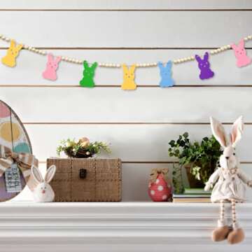 4.2 FT Easter Day Wooden Beads Garland with Colorful Bunny-Shaped Charms, Spring-Themed Rabbit Beaded Tiered Tray Decor, Rustic Farmhouse Banner for Easter Celebration, Shelf Display, Fireplace, Wall