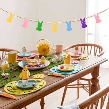 4.2 FT Easter Day Wooden Beads Garland with Colorful Bunny-Shaped Charms, Spring-Themed Rabbit Beaded Tiered Tray Decor, Rustic Farmhouse Banner for Easter Celebration, Shelf Display, Fireplace, Wall