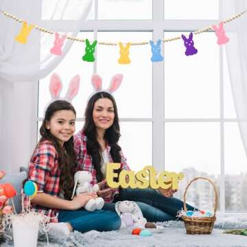 4.2 FT Easter Day Wooden Beads Garland with Colorful Bunny-Shaped Charms, Spring-Themed Rabbit Beaded Tiered Tray Decor, Rustic Farmhouse Banner for Easter Celebration, Shelf Display, Fireplace, Wall