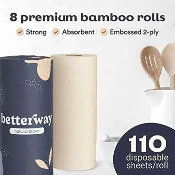Betterway Bamboo Natural Brown Paper Towels - 8 Rolls, 2 Ply, 110 sheets - Plastic Free, Disposable Kitchen Paper Towels - Select Size, Tree Free, Compostable, Strong & Absorbent