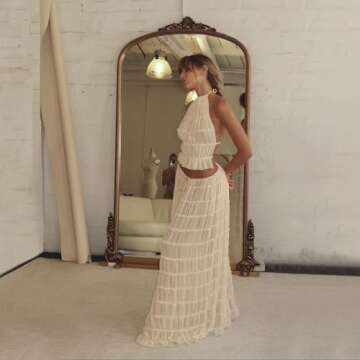 Argeousgor 2 Piece Maxi Skirt Set for Women Lace Up Back Tank Tops Tie Up High Waist Long Skirt Set