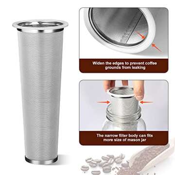 AIEVE Cold Brew Filter, Stainless Steel Cold Brew Kit Include Cold Brew Coffee Filter, Mason Jar Lid for Coffee Strainer Coffee Cold Brew Maker Compatible with 64 oz Mason Jars (Jar Not Included)