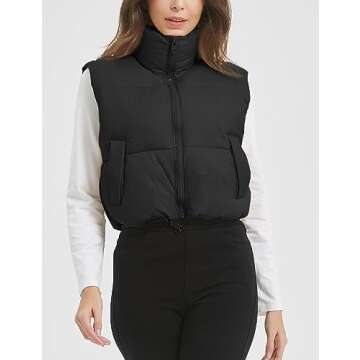 Flygo Puffer Vest Women Cropped Vest Zip Up Stand Collar Sleeveless Lightweight Winter Down Vests Jacket(Black-M)