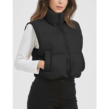 Flygo Puffer Vest Women Cropped Vest Zip Up Stand Collar Sleeveless Lightweight Winter Down Vests Jacket(Black-M)