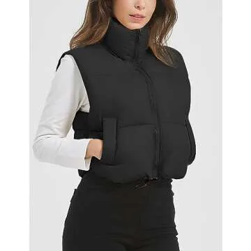 Flygo Puffer Vest Women Cropped Vest Zip Up Stand Collar Sleeveless Lightweight Winter Down Vests Jacket(Black-M)