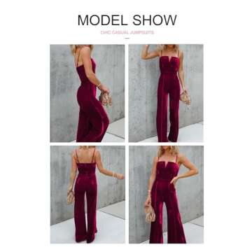 BLENCOT Sleeveless Velvet Jumpsuits For Women V Neck Spaghetti Straps Wide Leg Long Pants Dressy Rom...