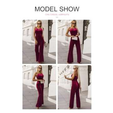 BLENCOT Sleeveless Velvet Jumpsuits For Women V Neck Spaghetti Straps Wide Leg Long Pants Dressy Rompers Winter Overalls Red Small