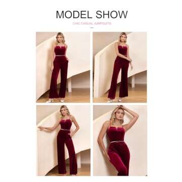 BLENCOT Sleeveless Velvet Jumpsuits For Women V Neck Spaghetti Straps Wide Leg Long Pants Dressy Rompers Winter Overalls Red Small