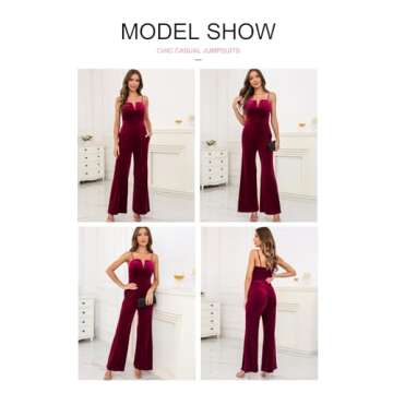 BLENCOT Sleeveless Velvet Jumpsuits For Women V Neck Spaghetti Straps Wide Leg Long Pants Dressy Rompers Winter Overalls Red Small