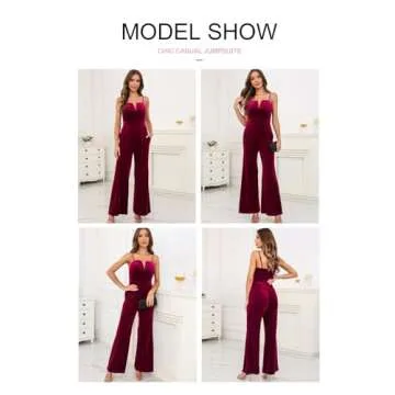 BLENCOT Sleeveless Velvet Jumpsuits For Women V Neck Spaghetti Straps Wide Leg Long Pants Dressy Rompers Winter Overalls Red Small