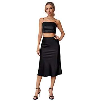 Verdusa Women's Elegant High Waist Satin A Line Flared Midi Skirt Black XS