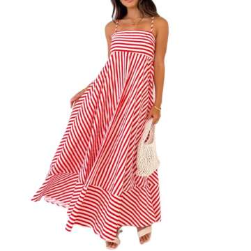 NUFIWI Women Summer Striped Maxi Dress Spaghetti Strap Cutout Ruffle Long Dress Flowy Swing Beach Vocation Dress(Swing Striped Red 22,Small)