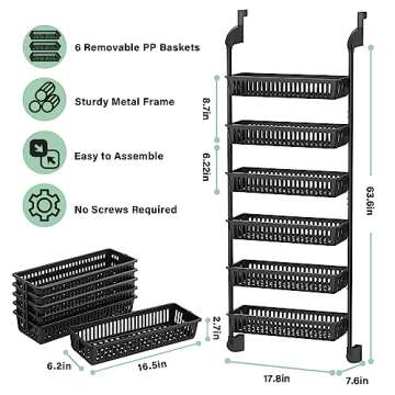 Ubooop Over the Door Organizer, 6-Tier Mesh Basket Hanging & Wall Mounted for Pantry, Spice Rack with 6 Adjustable Baskets pefect for Kitchen, Bathroom, Bedroom