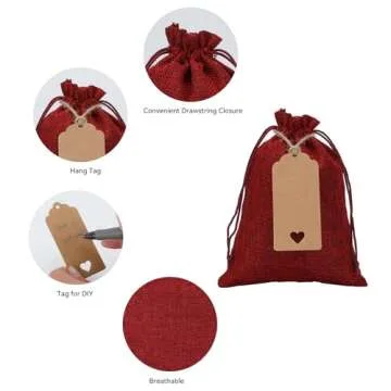 Tapleap Burlap Red Bags with Drawstring, 5x7 Burlap Favor Sack (Lot of 30) for Wrapping Kids Class St Patrick's Day Favors or Gifts, Birthday, Wedding, Party or DIY