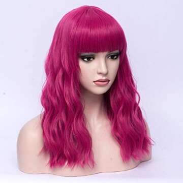 BERON Hot Pink Wavy Wigs Women Middle Length Hair Wig with Bangs Curly Synthetic Wigs for Cosplay Pa...