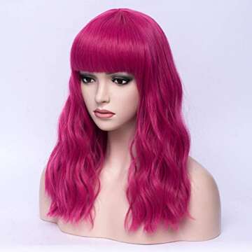BERON Hot Pink Wavy Wigs Women Middle Length Hair Wig with Bangs Curly Synthetic Wigs for Cosplay Party Daily Use Wigs with Wig Cap