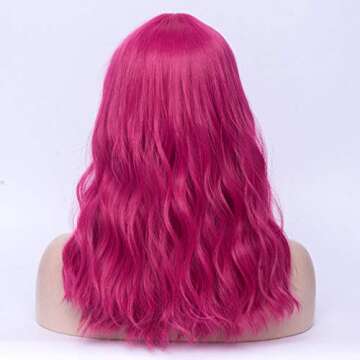 BERON Hot Pink Wavy Wigs Women Middle Length Hair Wig with Bangs Curly Synthetic Wigs for Cosplay Party Daily Use Wigs with Wig Cap