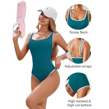 BMJL Women's One Piece Swimsuit Sports Adjustable Strap Bathing Suit Color Block Ribbed High Cut Swimsuits(S,Dark Green Blue)