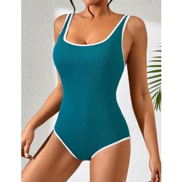BMJL Women's One Piece Swimsuit Sports Adjustable Strap Bathing Suit Color Block Ribbed High Cut Swimsuits(S,Dark Green Blue)