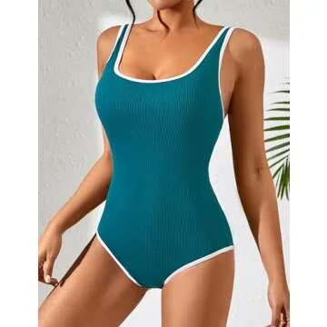 BMJL Women's One Piece Swimsuit Sports Adjustable Strap Bathing Suit Color Block Ribbed High Cut Swimsuits(S,Dark Green Blue)
