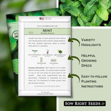 Sow Right Seeds - Mint Seed for Planting - Non-GMO Heirloom Packet with Instructions to Plant an Herbal Tea Garden - Indoors or Outdoor - Perennial and Fragrant - Hydroponics and Kitchen Gardening (1)