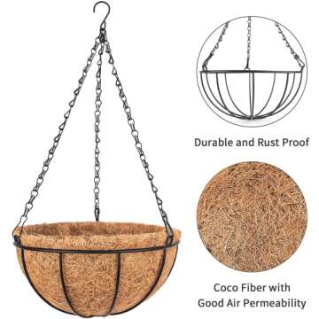 Wizdar 2PCS Metal Hanging Planters Basket with Coco Coir Liner 10 Inch Round Wire Plant Holder Porch Decor Flower Pot Hanger Garden Decor Watering Hanging Baskets for Indoor Outdoor