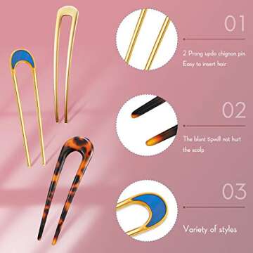 Chuangdi 6 Pcs U Shaped French Hair Pin French Hair Tortoise Shell Fork Sticks 2 Prongs Updo Chignon Pins for Women Styling Accessories