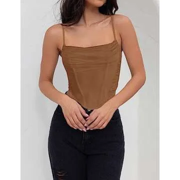 ZESICA Women's Summer Corset Tops Sexy Spaghetti Straps Mesh Bustier Top Cute Camisole Tank Tops Brown