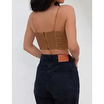 ZESICA Women's Summer Corset Tops Sexy Spaghetti Straps Mesh Bustier Top Cute Camisole Tank Tops Brown
