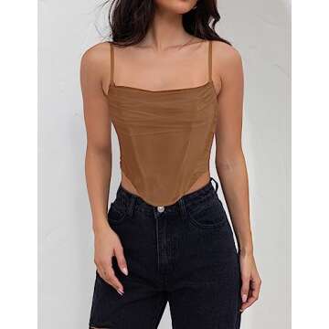 ZESICA Women's Summer Corset Tops Sexy Spaghetti Straps Mesh Bustier Top Cute Camisole Tank Tops Brown