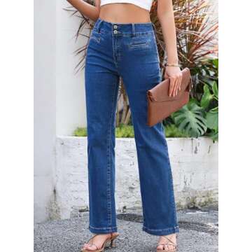 Sidefeel Women's Wide Leg Jeans Trendy High Waisted Straight Leg Ankle Jeans Tummy Control Stretchy Loose Denim Pants Blue Size 10