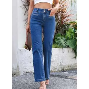 Sidefeel Women's Wide Leg Jeans Trendy High Waisted Straight Leg Ankle Jeans Tummy Control Stretchy Loose Denim Pants Blue Size 10