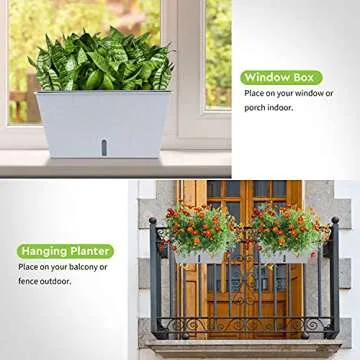 moistenland Planter Boxes, 12-inch Indoor/Outdoor Self Watering Planter Pots, Hanging Planter with Rails and Drainage Hole Suitable for Succulent Veggies and Herbs Planting - 2 Pack (Gray)