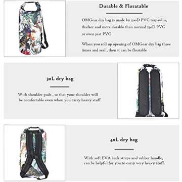 OMGear Waterproof Dry Bag Backpack Waterproof Phone Pouch 40L/30L/20L/10L/5L Floating Dry Sack for Kayaking Boating Sailing Canoeing Rafting Hiking Camping Outdoors Activities (camouflage1, 10L)