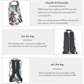 OMGear Waterproof Dry Bag Backpack Waterproof Phone Pouch 40L/30L/20L/10L/5L Floating Dry Sack for Kayaking Boating Sailing Canoeing Rafting Hiking Camping Outdoors Activities (camouflage1, 10L)