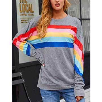 Women Rainbow Sweatshirts Colorful Striped Casual Long Sleeve Pullover Tops Shirts XL
