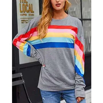 Women Rainbow Sweatshirts Colorful Striped Casual Long Sleeve Pullover Tops Shirts XL