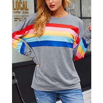 Women Rainbow Sweatshirts Colorful Striped Casual Long Sleeve Pullover Tops Shirts XL