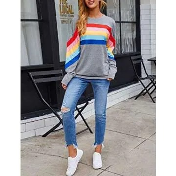 Women Rainbow Sweatshirts Colorful Striped Casual Long Sleeve Pullover Tops Shirts XL