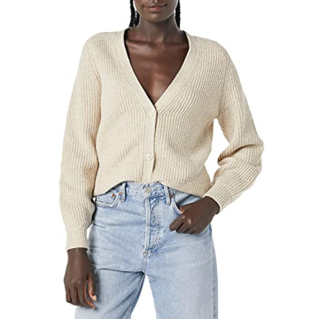 Amazon Essentials Women's Soft Touch Ribbed Blouson Cardigan, Beige, Small