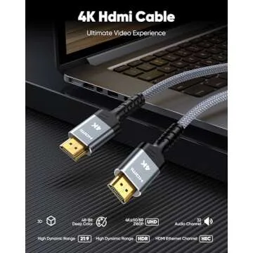 Highwings 4K@60Hz HDMI Cable 10ft, 2.0 18Gbps HDMI Cable Nylon Braided - Supports Ethernet, 4K HDR, 2160p 1080p 3D HDCP 2.2 ARC HDTV Projector Monitor PS 3/4 Blu-ray