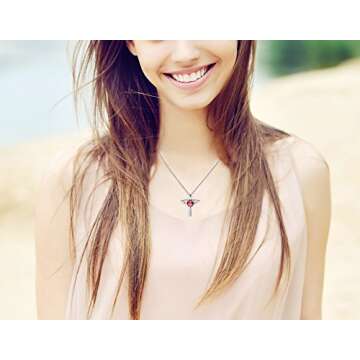 Ckysee Silver Plated Angel Birthstone Necklace,Cubic Zirconia Cross Necklace for Women,First Communion Baptism Gifts （July-Ruby）