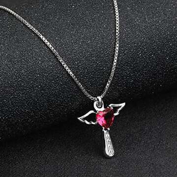 Ckysee Silver Plated Angel Birthstone Necklace,Cubic Zirconia Cross Necklace for Women,First Communion Baptism Gifts （July-Ruby）
